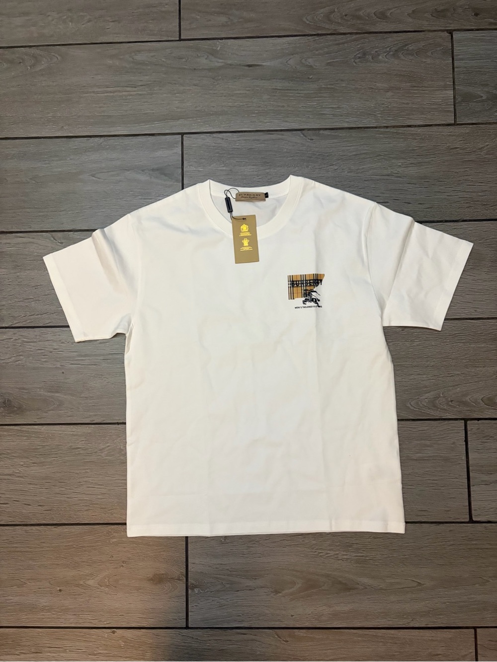 Men's White Short-Sleeve Graphic Tee with Chest Plaid Accent